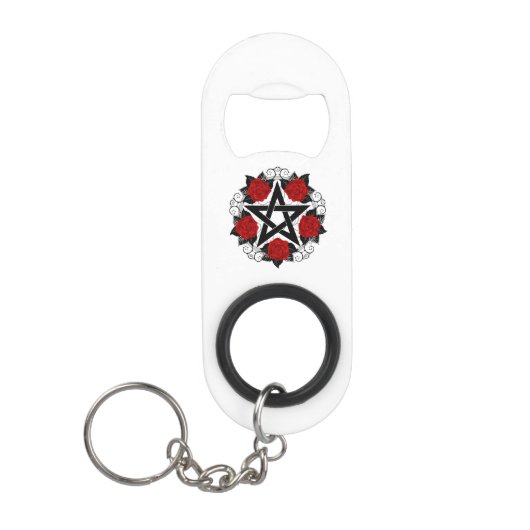 Pentagram met rode rozen mini flessenopener (Voorkant)