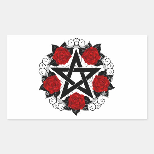 Pentagram met rode rozen rechthoekige sticker (Voorkant)
