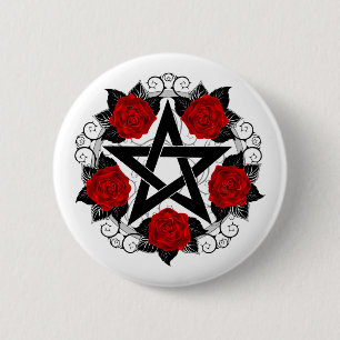 Pentagram met rode rozen ronde button 5,7 cm