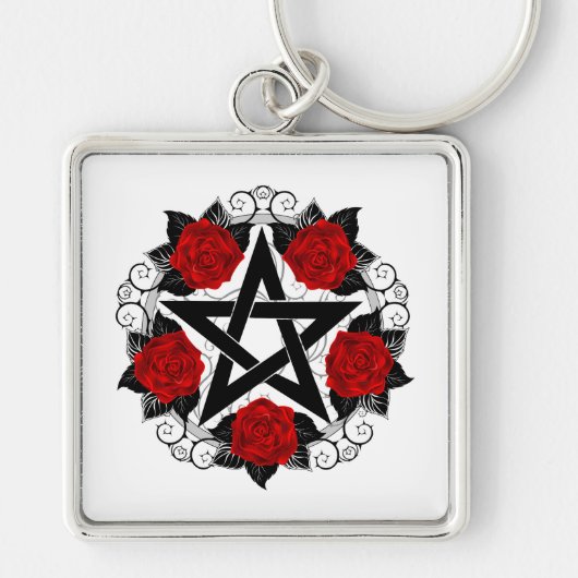 Pentagram met rode rozen sleutelhanger (Voorkant)