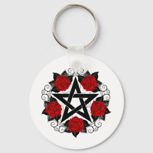 Pentagram met rode rozen sleutelhanger