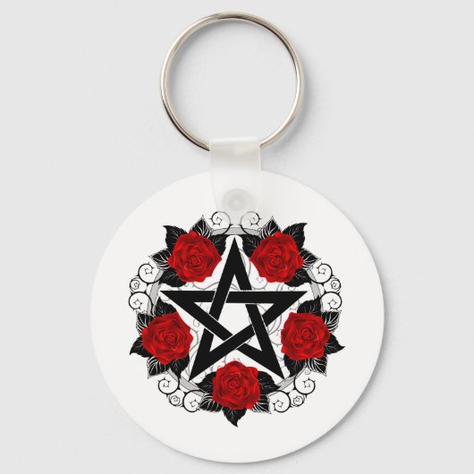 Pentagram met rode rozen sleutelhanger (Voorkant)