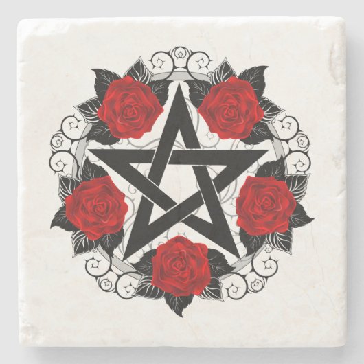 Pentagram met rode rozen stenen onderzetter (Voorkant)