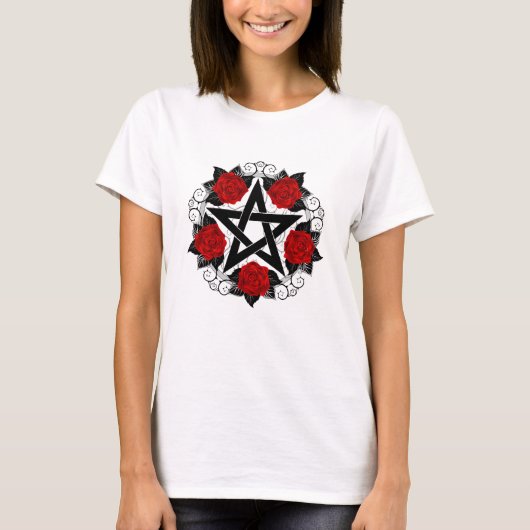 Pentagram met rode rozen t-shirt (Voorkant)
