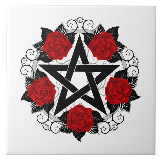 Pentagram met rode rozen tegeltje (Voorkant)