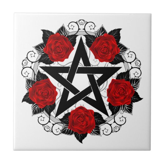 Pentagram met rode rozen tegeltje (Voorkant)