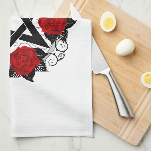 Pentagram met rode rozen theedoek (Quarter Fold)