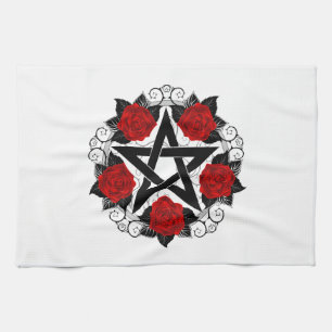 Pentagram met rode rozen theedoek