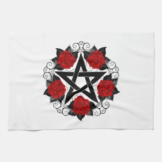Pentagram met rode rozen theedoek (Horizontaal)