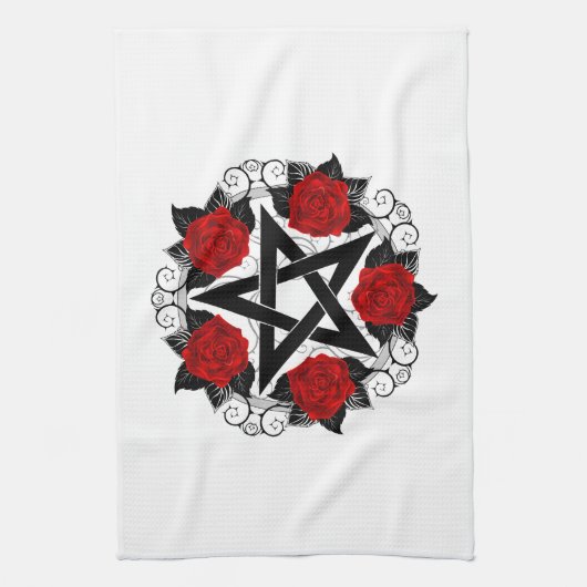 Pentagram met rode rozen theedoek (Verticaal)