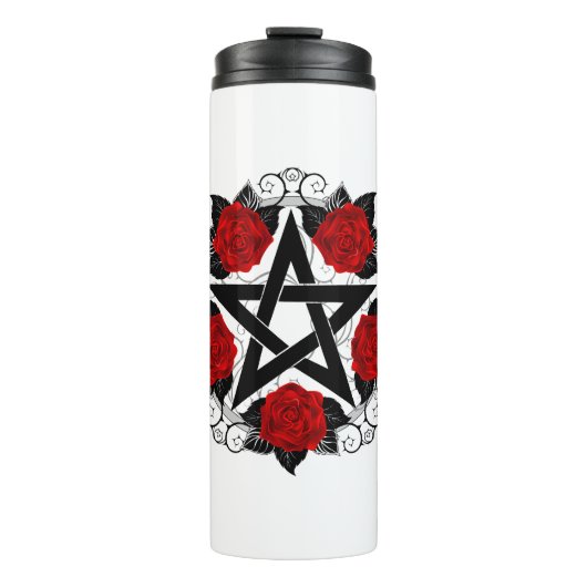 Pentagram met rode rozen thermosbeker (Voorkant)