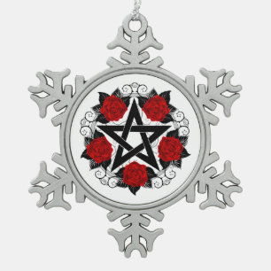Pentagram met rode rozen tin sneeuwvlok ornament