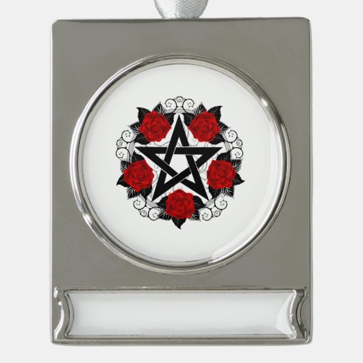 Pentagram met rode rozen verzilverd banner ornament (Voorkant)