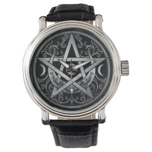 Pentagram Ornament - Silver en Black Horloge