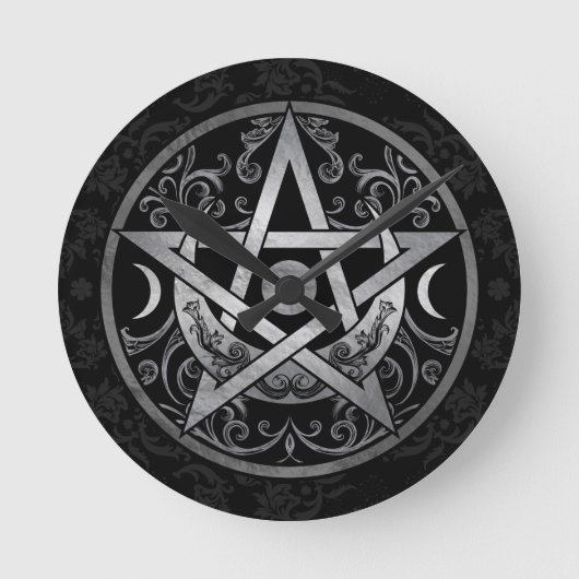 Pentagram-Ornament - Zilver en zwart Ronde Klok (Voorkant)