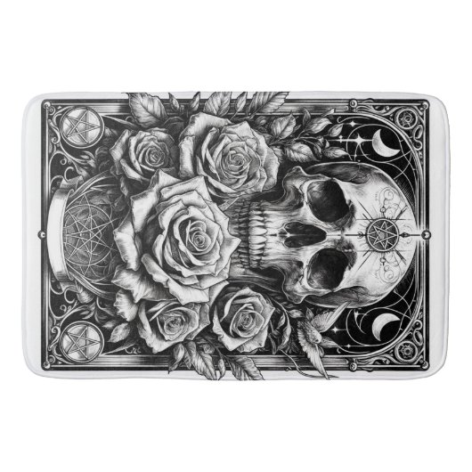 Pentakel Skelet Skull & Rozen Tarot Art Badmat (Voorkant)