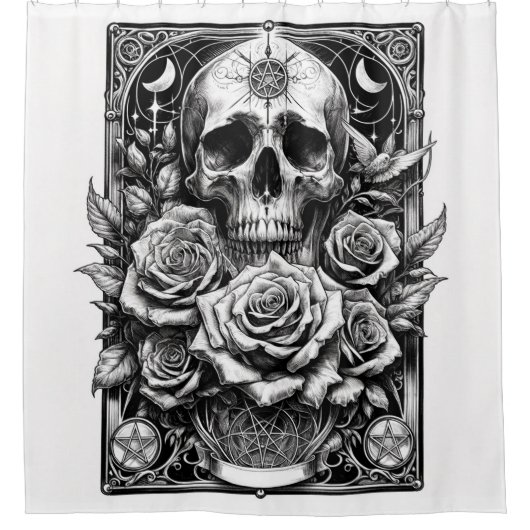 Pentakel Skelet Skull & Rozen Tarot Art Douchegordijn (Voorkant)