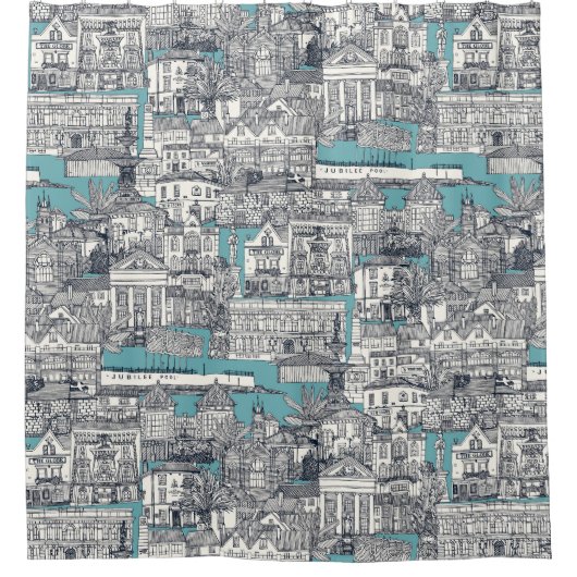 Penzance toile indigo turquoise douchegordijn (Voorkant)