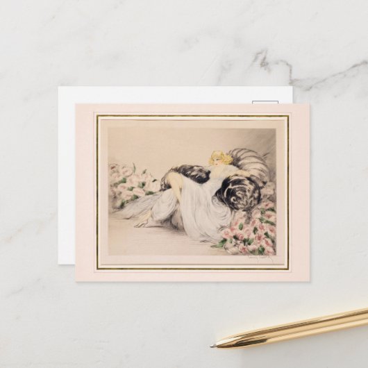 Peonies, 1935 door Louis Icart Briefkaart (Voorkant / Achterkant in situ)