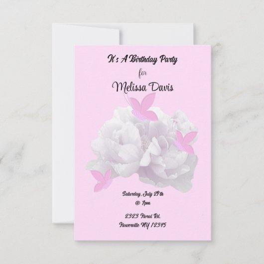 Peonies and Butterflies Birthday Invitation Kaart (Voorkant)