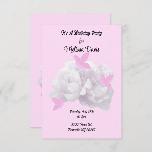 Peonies and Butterflies Birthday Invitation Kaart (Voorkant / Achterkant)