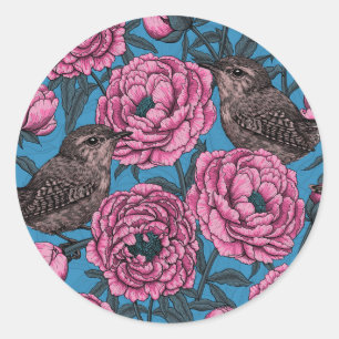 Peonies and wrens on blue ronde sticker