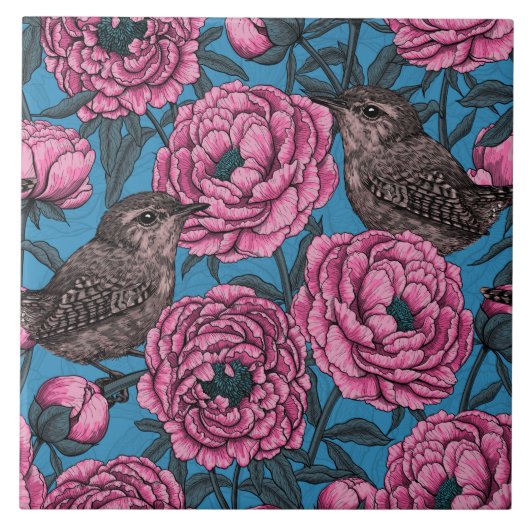 Peonies and wrens on blue tegeltje (Voorkant)