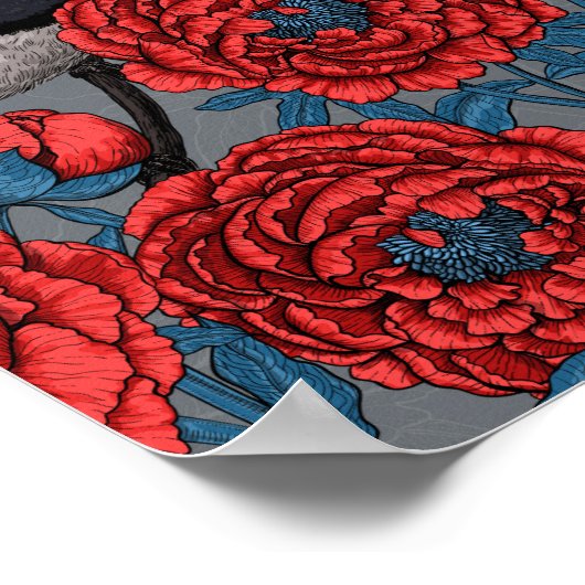 Peonies and wrens poster (Hoek)
