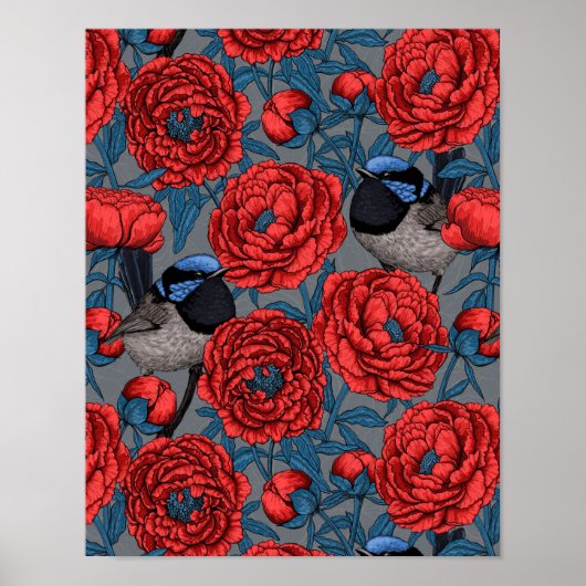 Peonies and wrens poster (Voorkant)