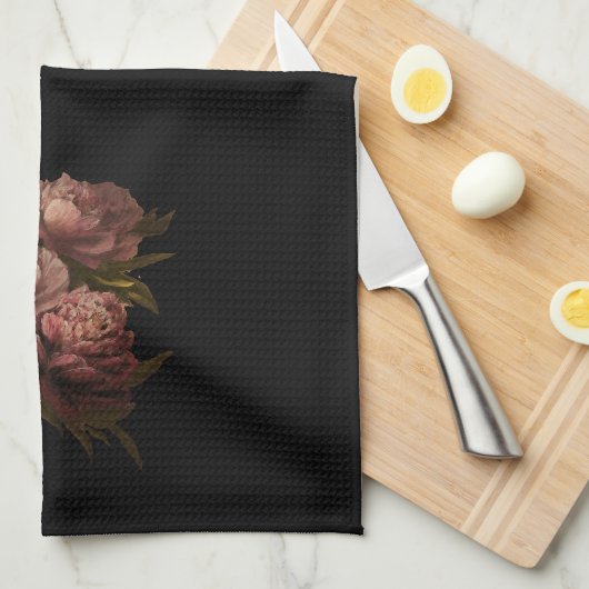 Peonies Black Theedoek (Quarter Fold)
