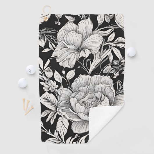 Peonies Black & White Vintage Pattern Golfhanddoek (Insitu)