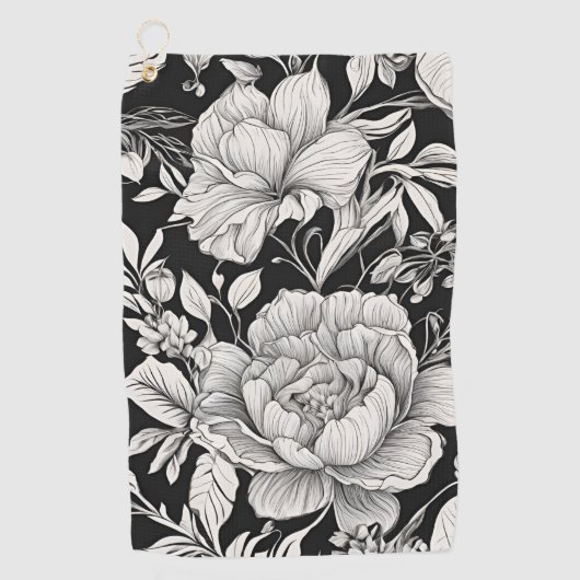 Peonies Black & White Vintage Pattern Golfhanddoek (Voorkant)