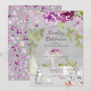 Peonies & Bunny Birthday Party Invitation Kaart