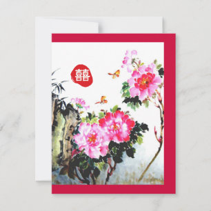 Peonies & Butterflies/Double Happiness Wedding Kaart