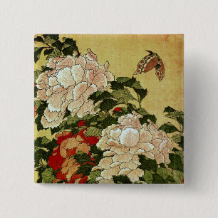 Peonies & Butterflies Hokusai Vierkante Button 5,1 Cm