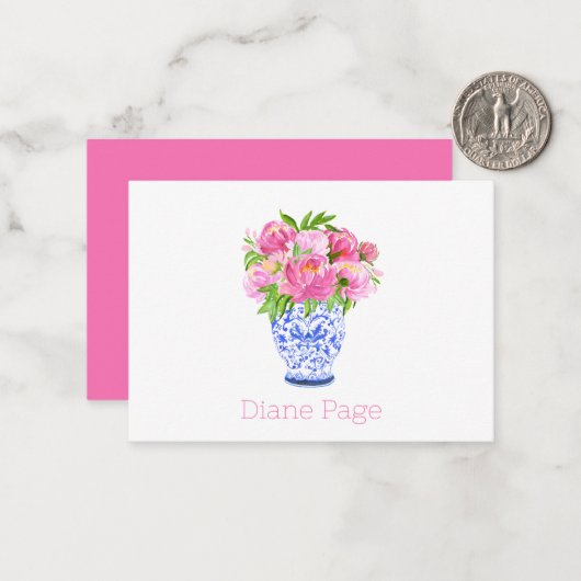 Peonies Chinoiserie Vaas Gepersonaliseerd Briefpap Notitiekaartje (Voorkant / Achterkant in situ)
