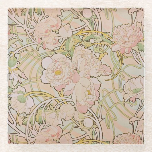 Peonies Decorative Nouveau Pattern Glazen Onderzetter (Voorkant)