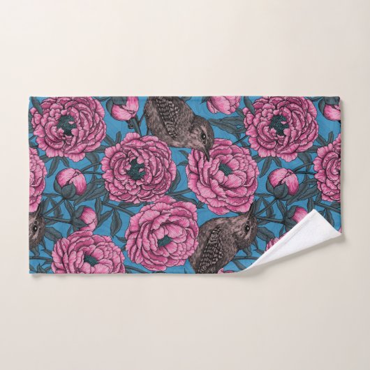 Peonies en bomen op blauw bad handdoek (Handdoek)