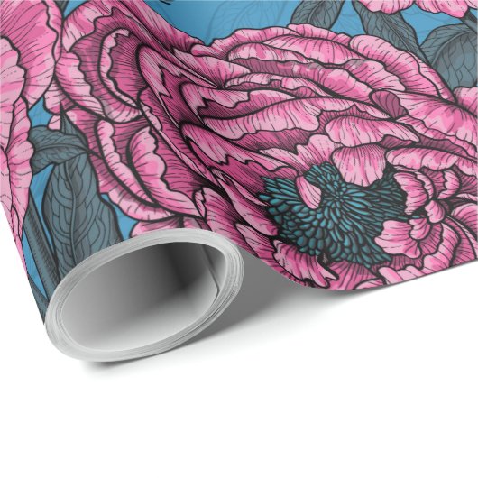 Peonies en bomen op blauw cadeaupapier (Rol Hoek)