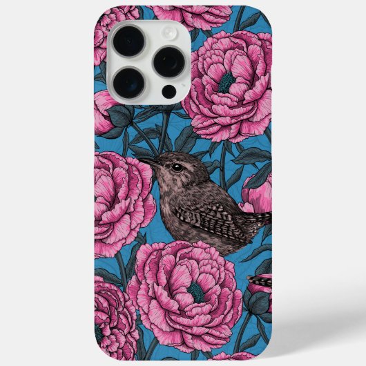 Peonies en bomen op blauw Case-Mate iPhone case (Achterkant)