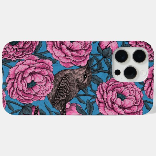 Peonies en bomen op blauw Case-Mate iPhone case (Achterkant (horizontaal))