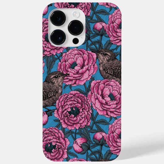 Peonies en bomen op blauw Case-Mate iPhone case (Achterkant)