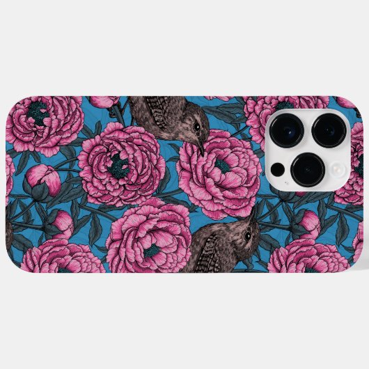 Peonies en bomen op blauw Case-Mate iPhone case (Achterkant (horizontaal))