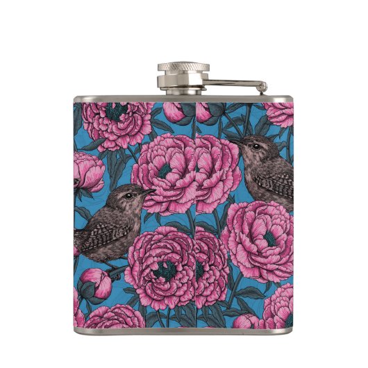 Peonies en bomen op blauw heupfles (Achterkant)