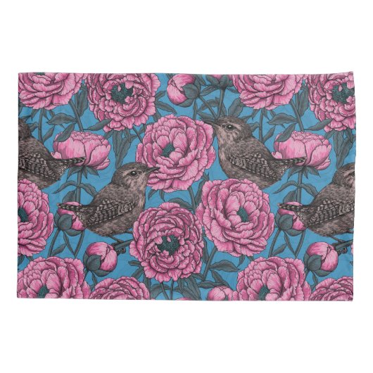 Peonies en bomen op blauw kussensloop (Achterkant-Links)