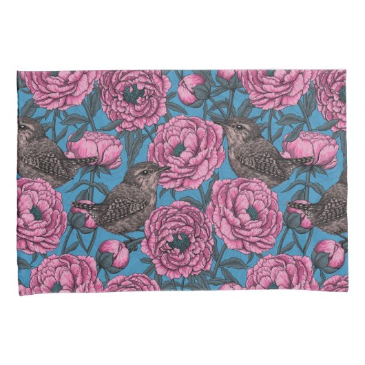 Peonies en bomen op blauw kussensloop (Voorkant-Rechts)