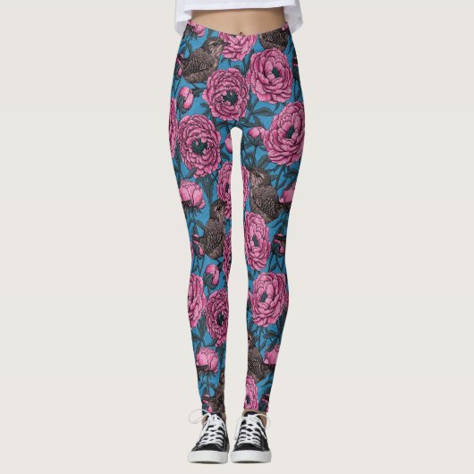 Peonies en bomen op blauw leggings (Voorkant)