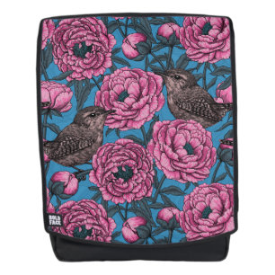 Peonies en bomen op blauw rugtassen