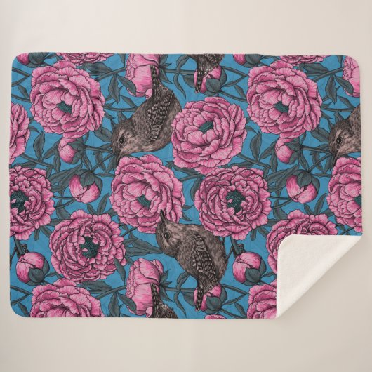 Peonies en bomen op blauw sherpa deken (Voorkant (horizontaal))