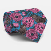 Peonies en bomen op blauw stropdas (Opgerold)